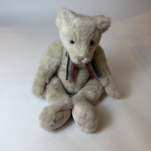 RARE TY Classic Teddy Bear Light Gray Brown with Maroon Navy Striped Bow - Picture 5 of 10